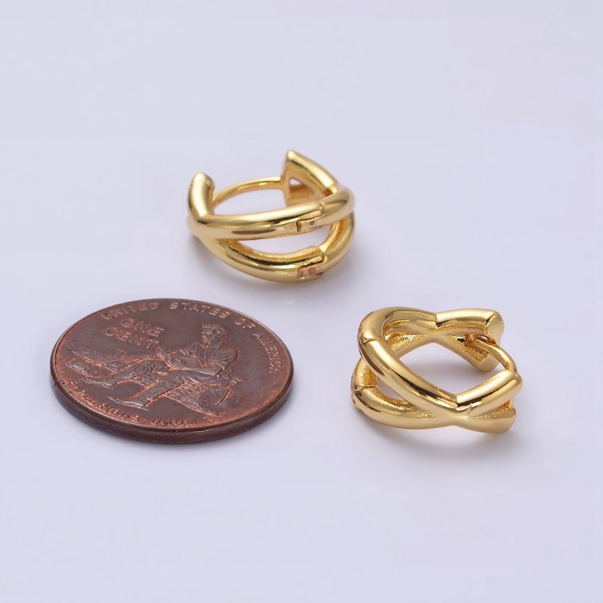 16K Gold Filled Double Band X Claw 12.5mm Huggie Earrings | Y-878 - DLUXCA
