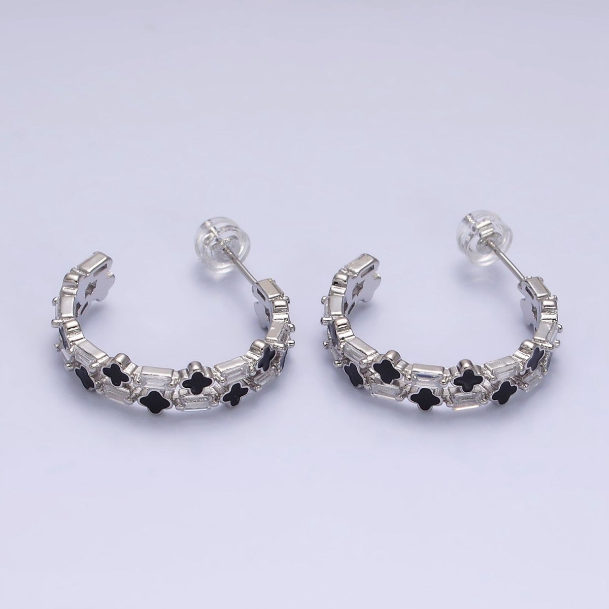 16K Gold Filled Double Black Quatrefoil Clover Clear Baguette C-Shaped Hoop Earrings in Gold & Silver | Y-805 Y-806 - DLUXCA