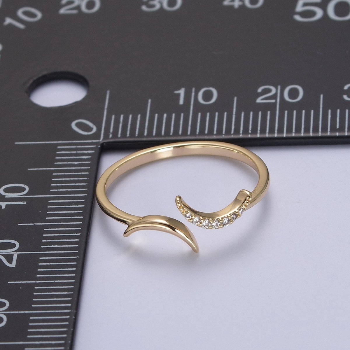 16K Gold Filled Double Crescent Moon Ring, Celestial Crystal Zirconia CZ Adjustable Open Ring | U-425 - DLUXCA