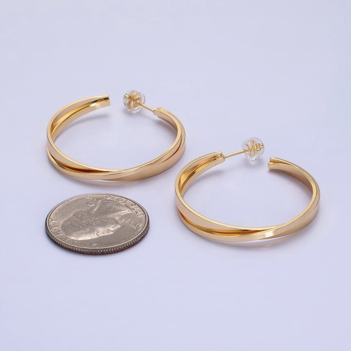 16K Gold Filled Double Flat Bar X C-Shaped Hoop Earrings in Gold & Silver | AD1155 AD1156 - DLUXCA