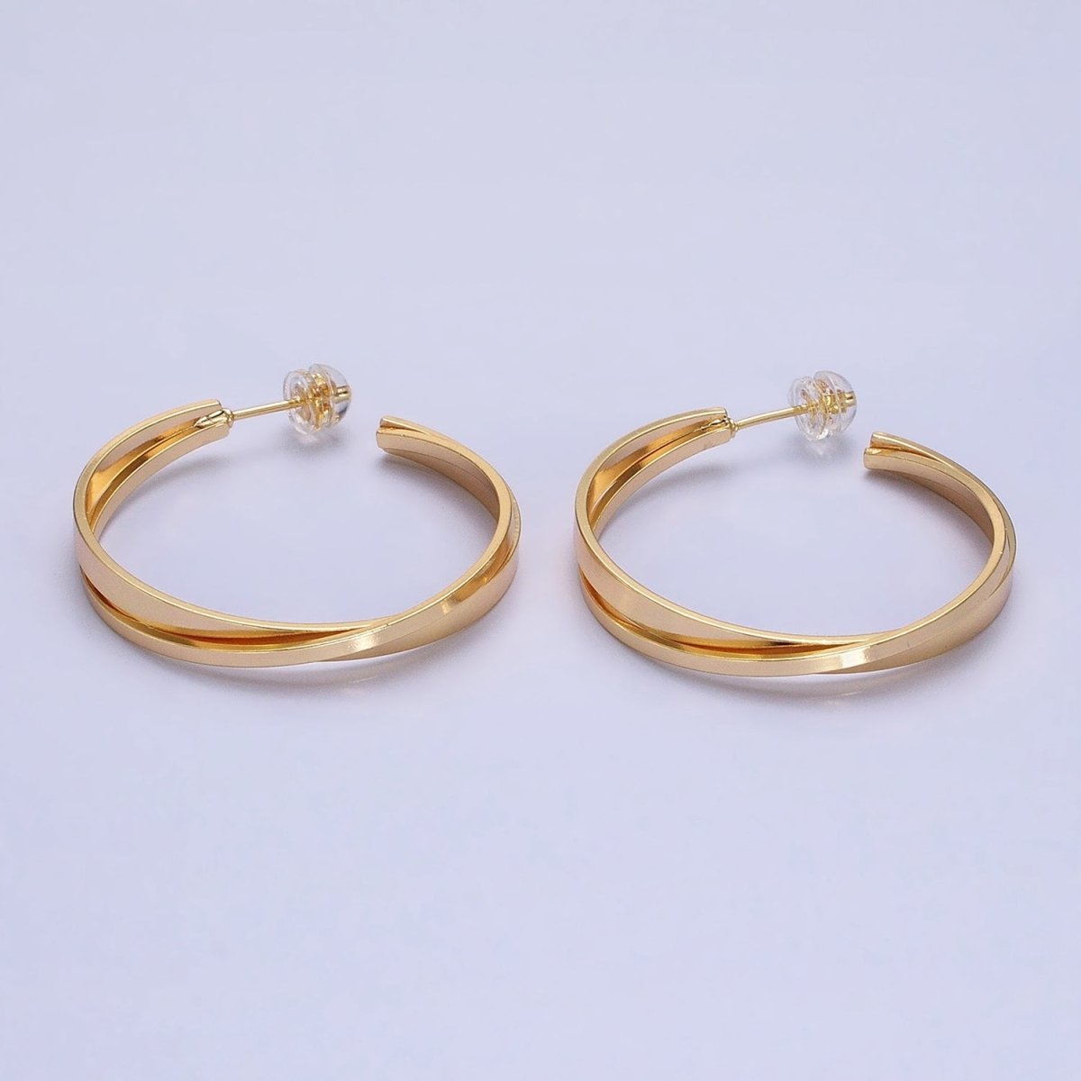 16K Gold Filled Double Flat Bar X C-Shaped Hoop Earrings in Gold & Silver | AD1155 AD1156 - DLUXCA