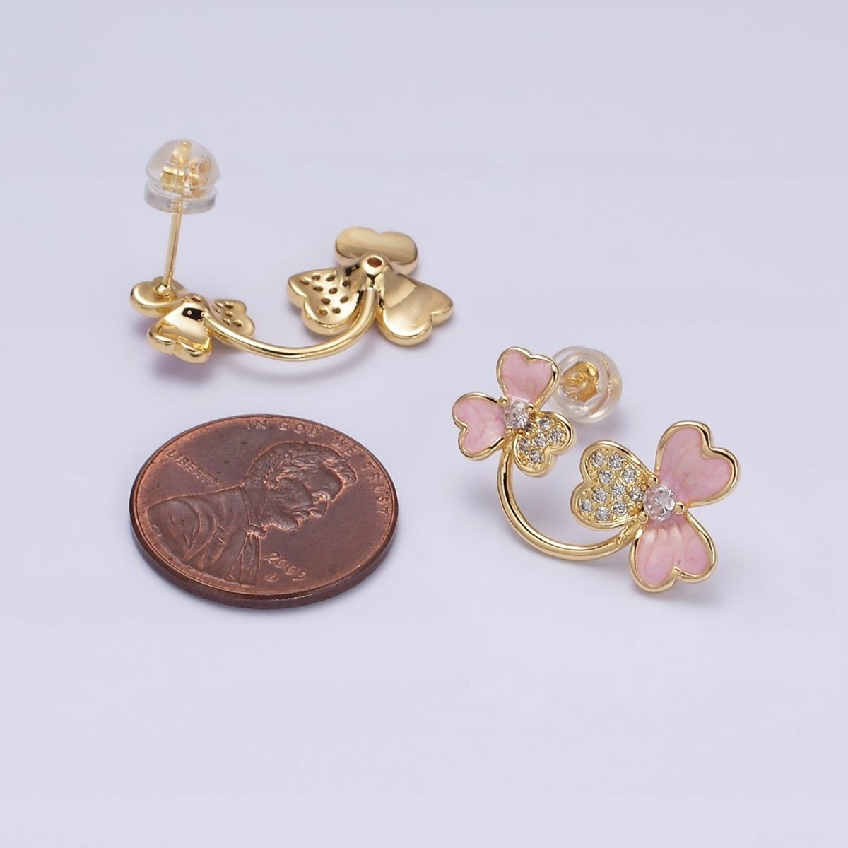 16K Gold Filled Double Flower Pink Sparkly Enamel Micro Paved Stud Earrings | AD1095 - DLUXCA