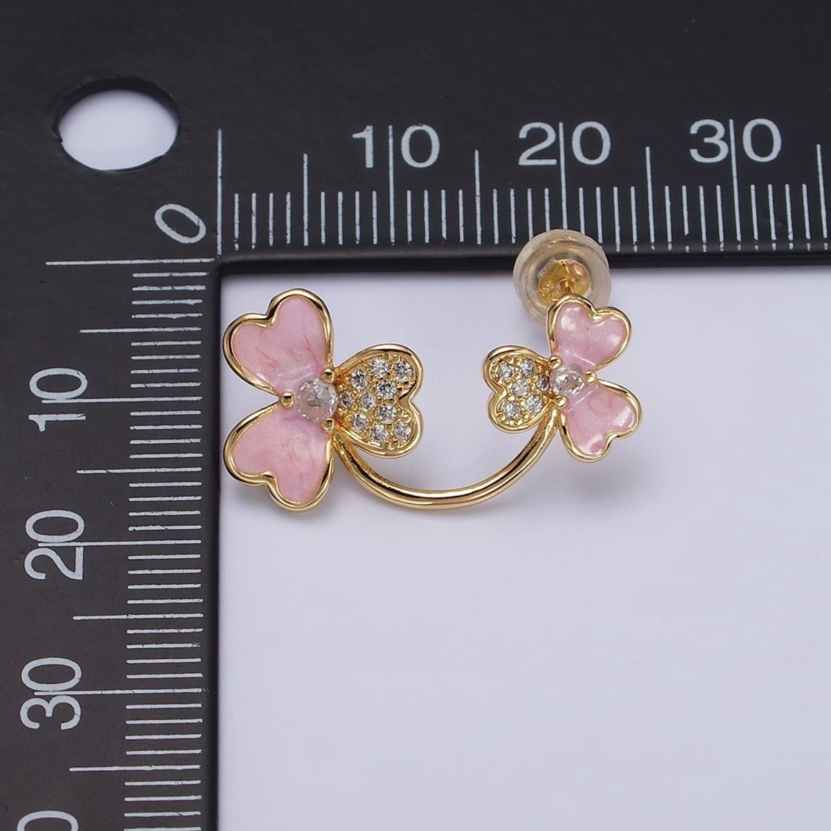 16K Gold Filled Double Flower Pink Sparkly Enamel Micro Paved Stud Earrings | AD1095 - DLUXCA