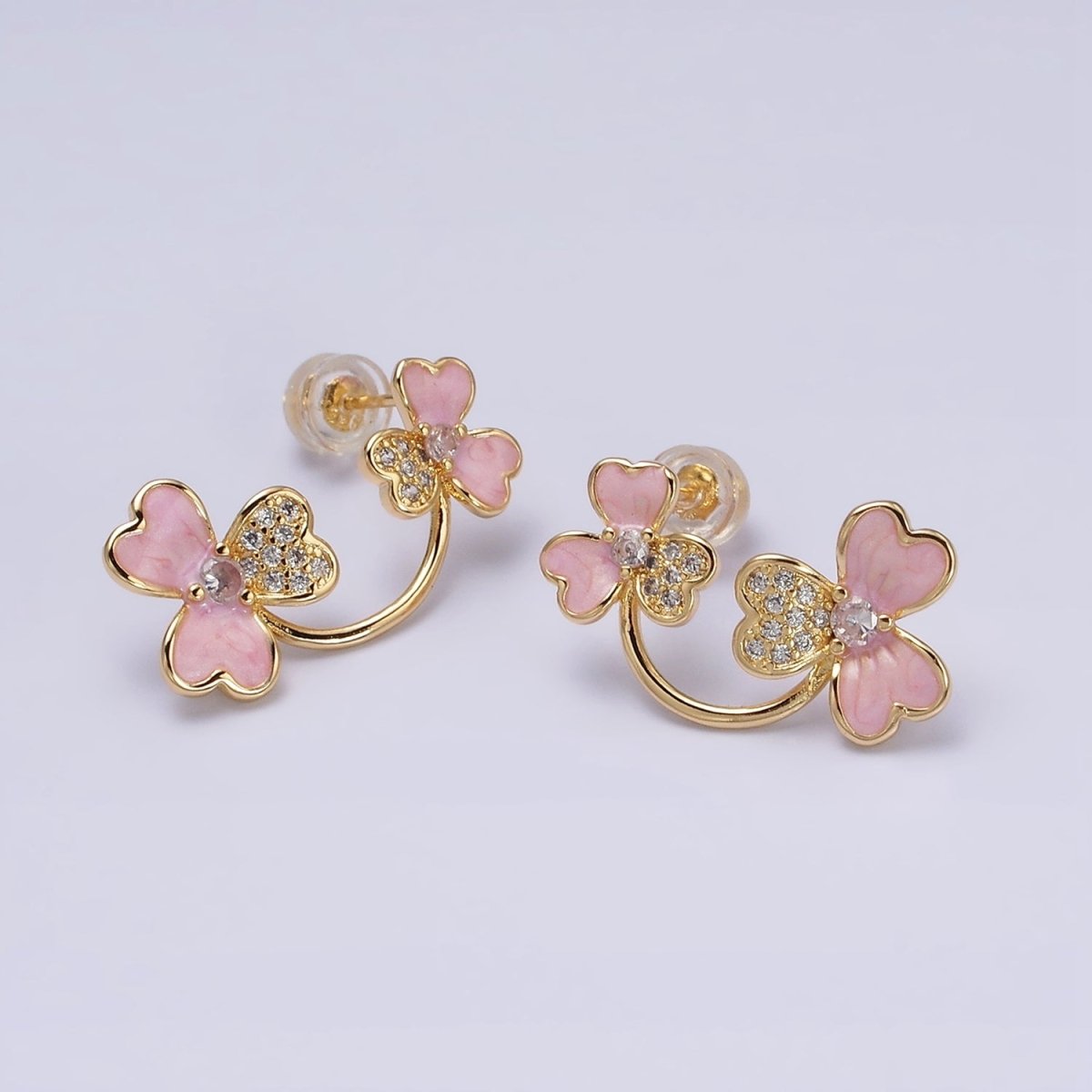 16K Gold Filled Double Flower Pink Sparkly Enamel Micro Paved Stud Earrings | AD1095 - DLUXCA