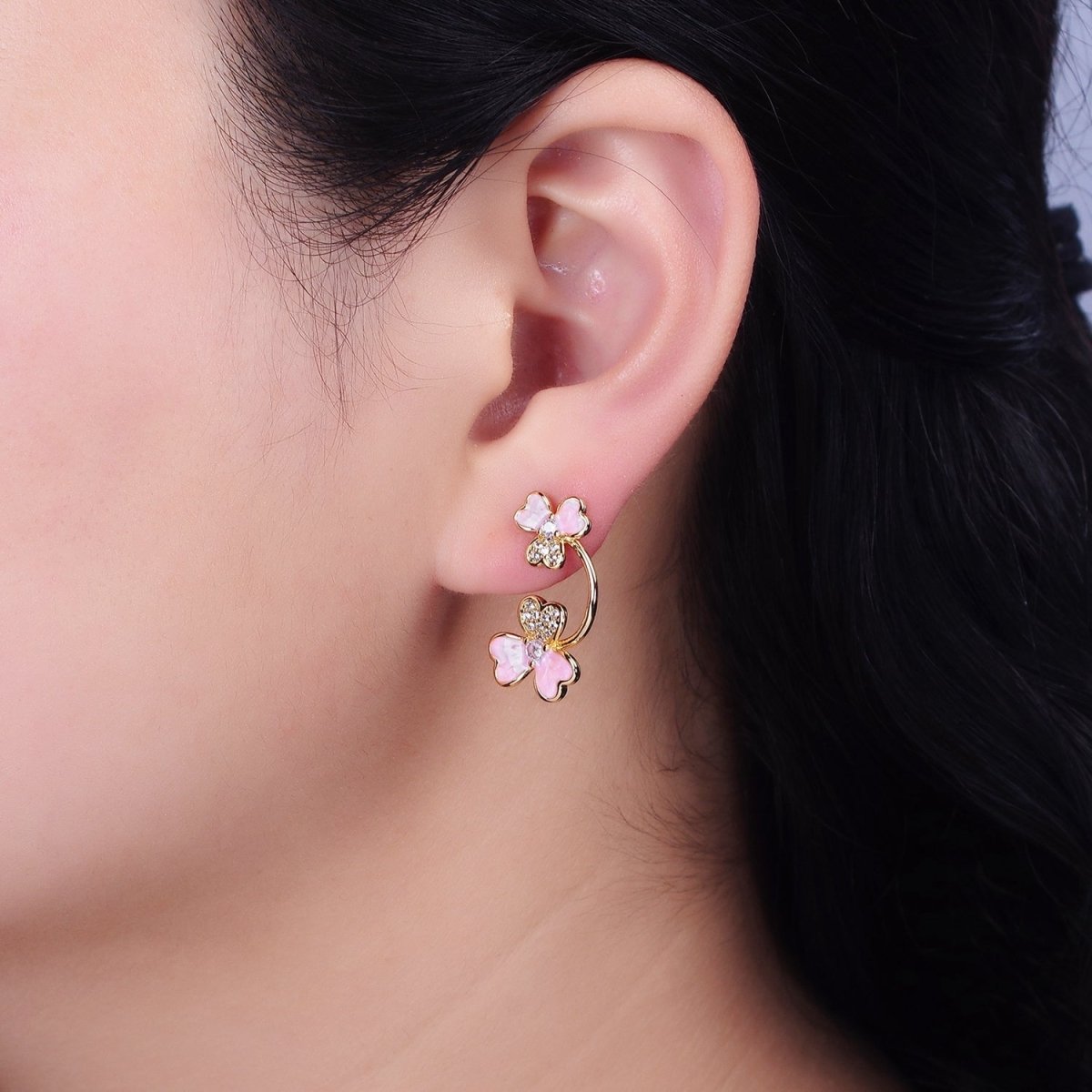 16K Gold Filled Double Flower Pink Sparkly Enamel Micro Paved Stud Earrings | AD1095 - DLUXCA