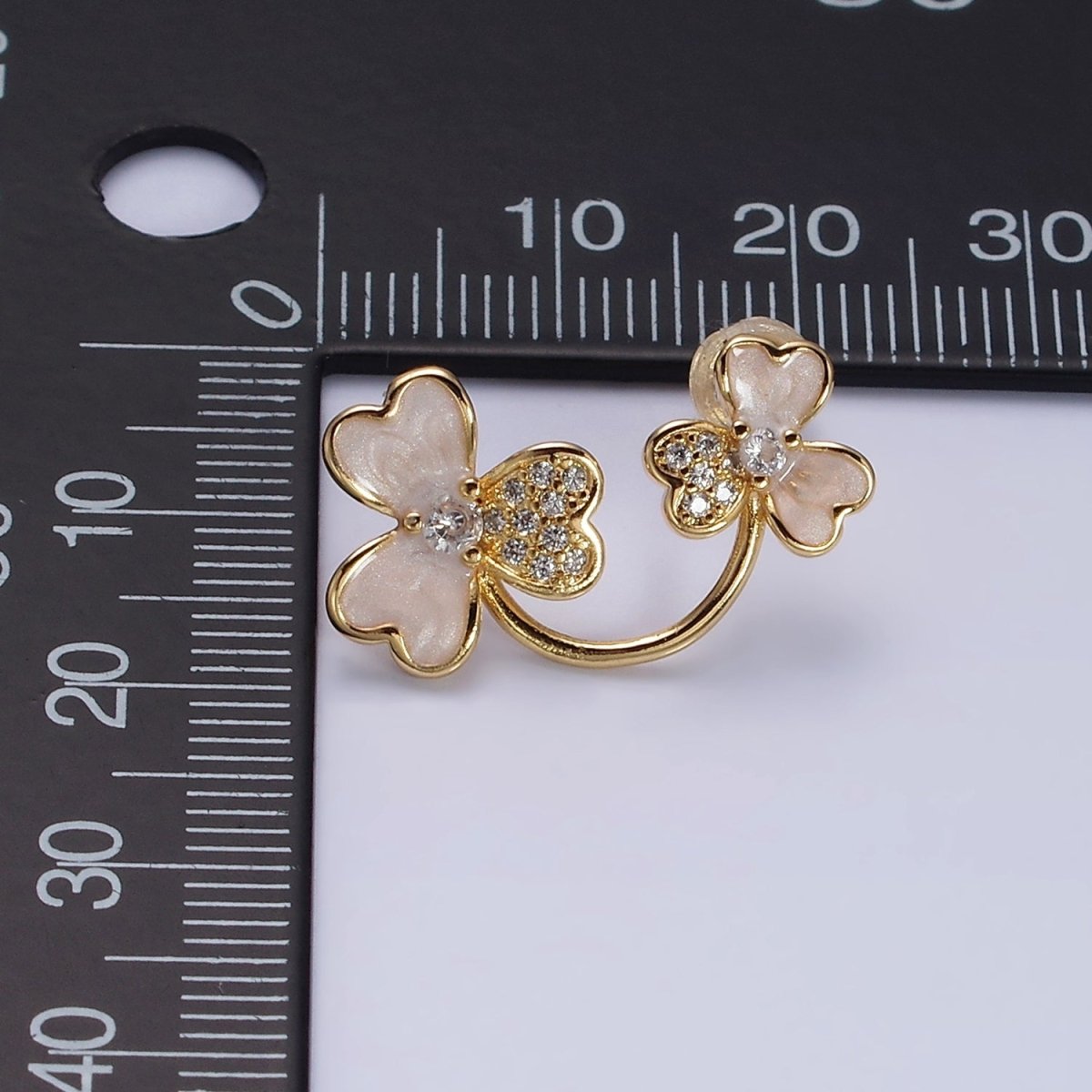 16K Gold Filled Double Flower White Sparkly Enamel Micro Paved Stud Earrings | AD1094 - DLUXCA