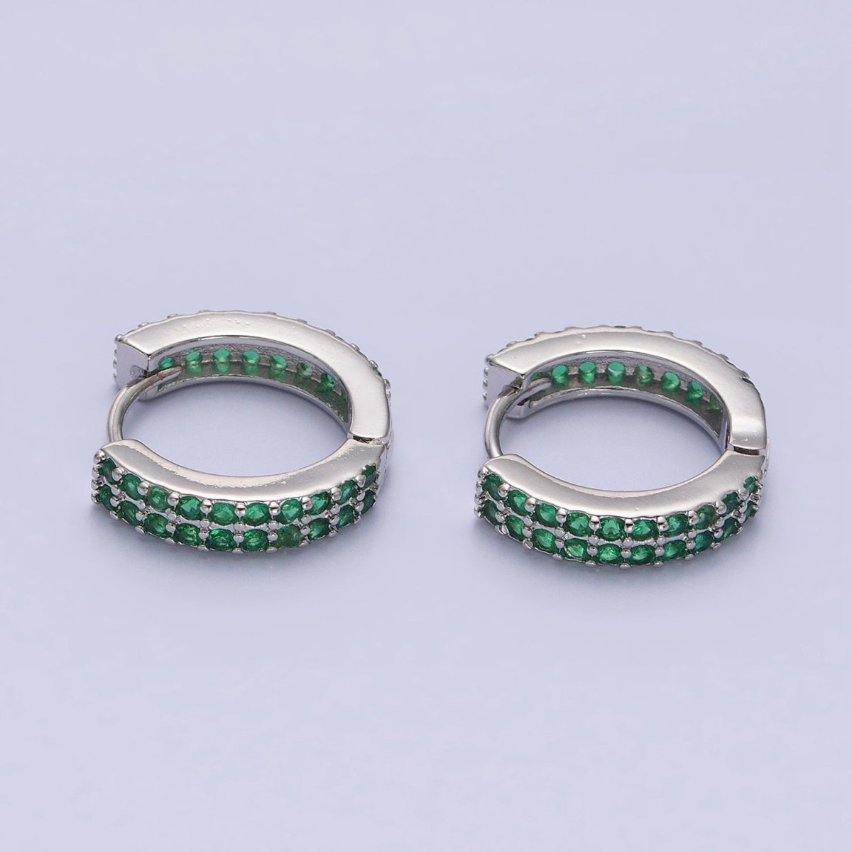 16K Gold Filled Double Green Micro Paved CZ 16mm Huggie Earrings in Gold & Silver | AB1453 AB1454 - DLUXCA