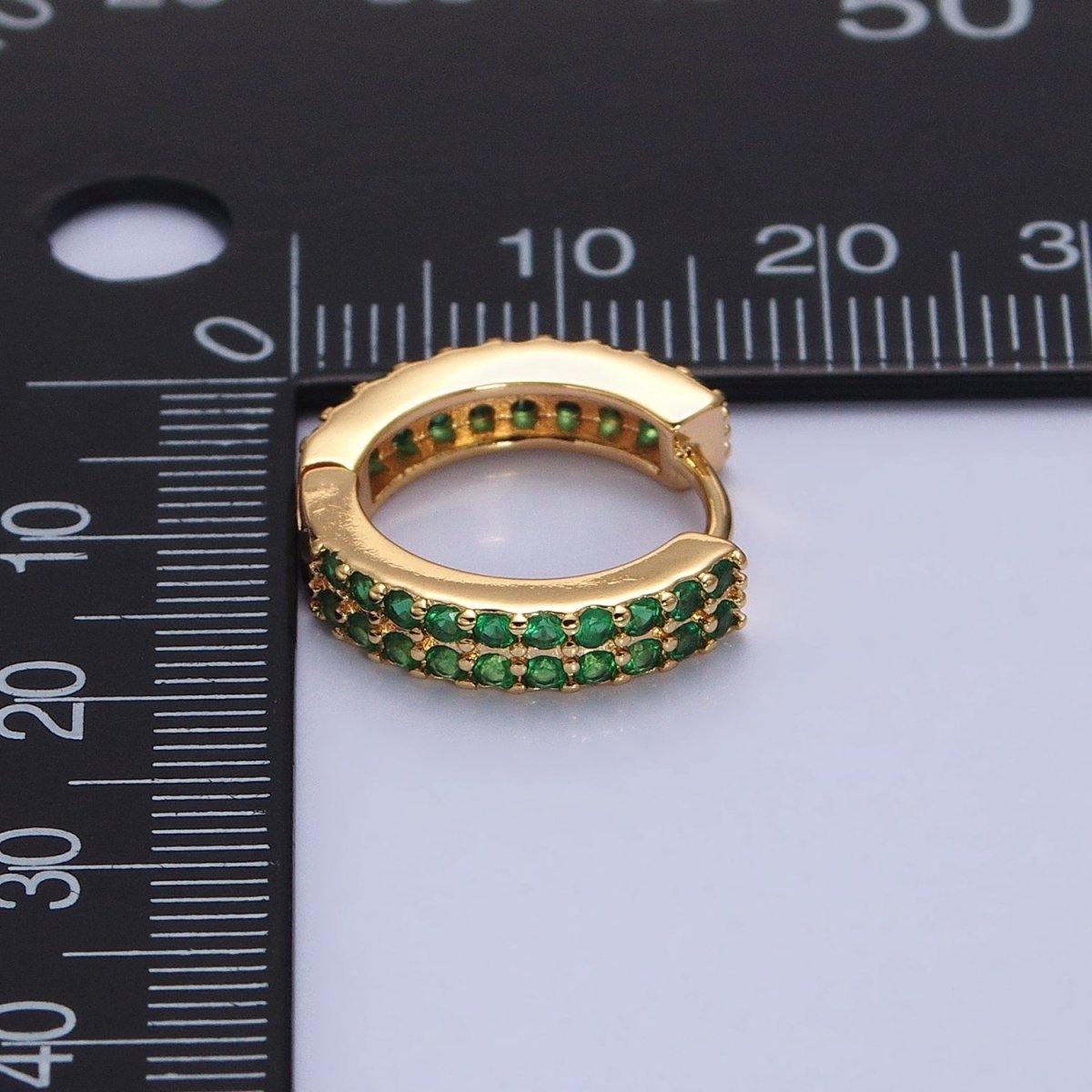 16K Gold Filled Double Green Micro Paved CZ 16mm Huggie Earrings in Gold & Silver | AB1453 AB1454 - DLUXCA