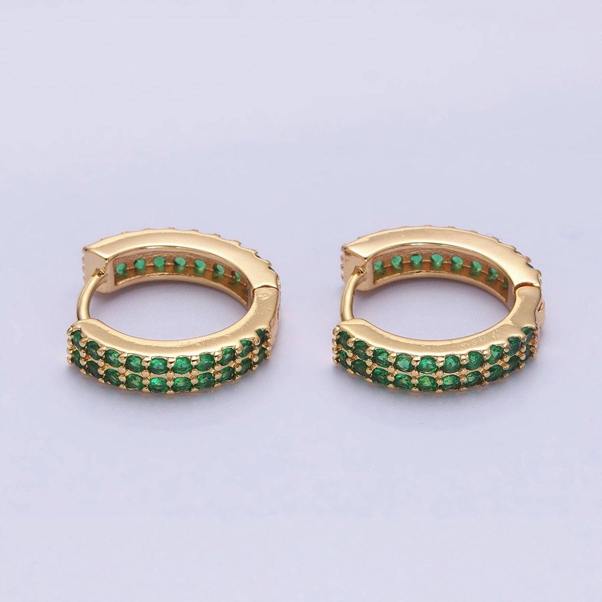 16K Gold Filled Double Green Micro Paved CZ 16mm Huggie Earrings in Gold & Silver | AB1453 AB1454 - DLUXCA