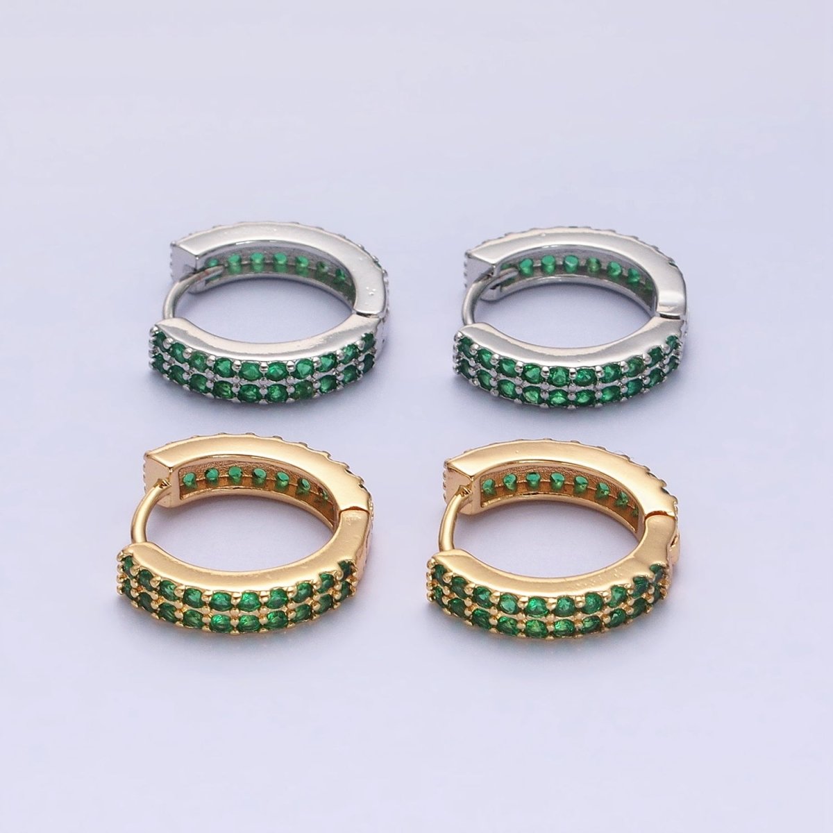 16K Gold Filled Double Green Micro Paved CZ 16mm Huggie Earrings in Gold & Silver | AB1453 AB1454 - DLUXCA