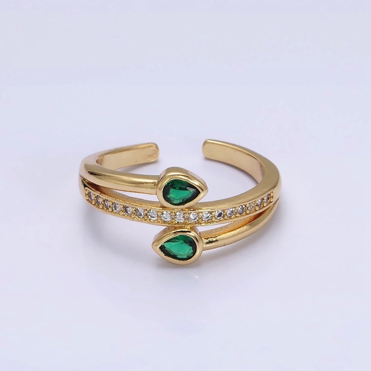 16K Gold Filled Double Green Teardrop Micro Paved CZ Adjustable Ring in Gold & Silver | O-1575 O-1576 - DLUXCA