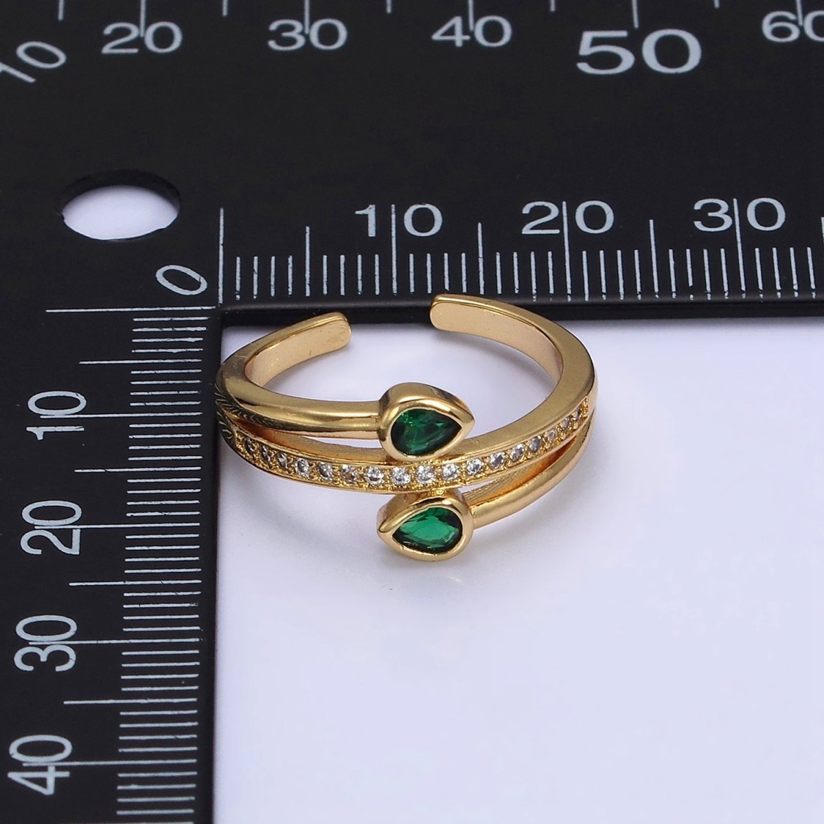 16K Gold Filled Double Green Teardrop Micro Paved CZ Adjustable Ring in Gold & Silver | O-1575 O-1576 - DLUXCA