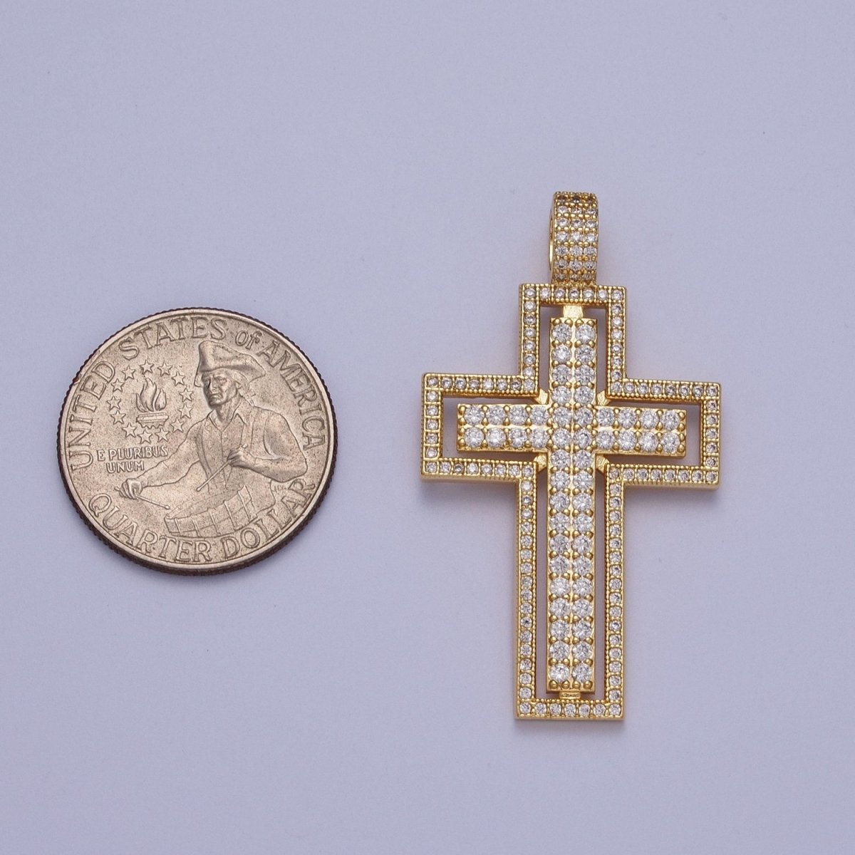 16K Gold Filled Double Micro Paved CZ Cross Pendant For Religious Jewelry Making | X-687 - DLUXCA