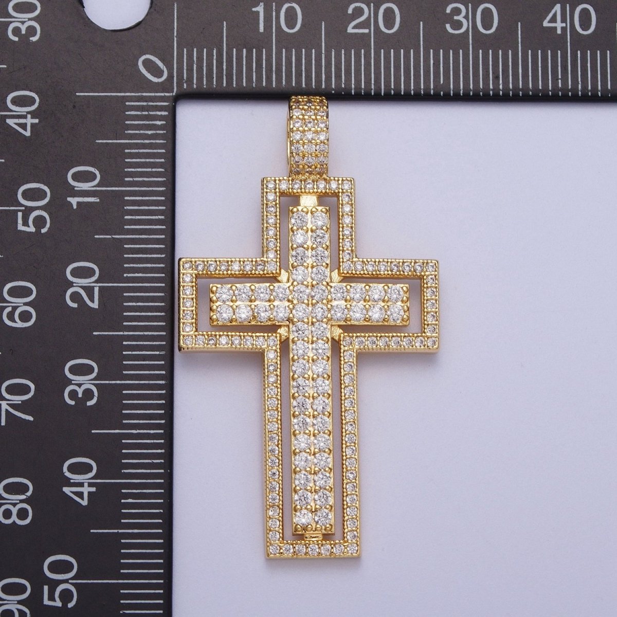 16K Gold Filled Double Micro Paved CZ Cross Pendant For Religious Jewelry Making | X-687 - DLUXCA