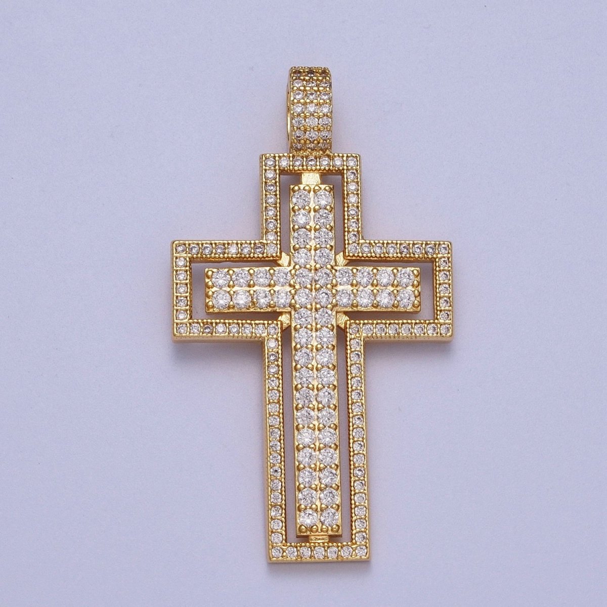 16K Gold Filled Double Micro Paved CZ Cross Pendant For Religious Jewelry Making | X-687 - DLUXCA