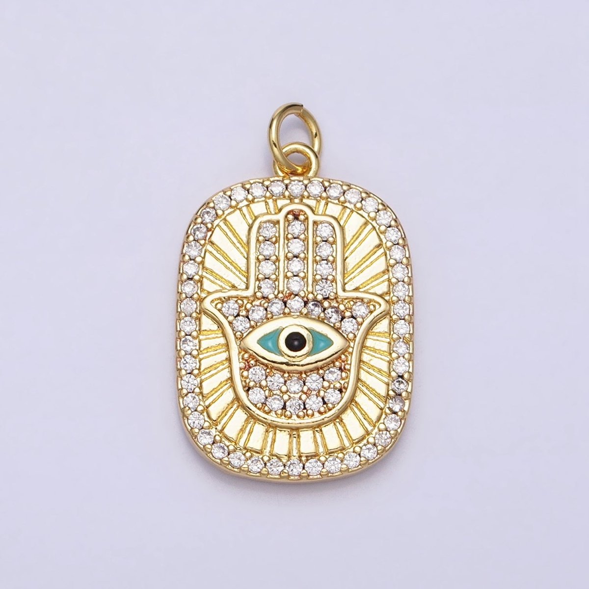 16K Gold Filled Double Sided Micro Paved CZ Hamsa Hand Evil Eye Turquoise Enamel Tag Charm | AC953 - DLUXCA