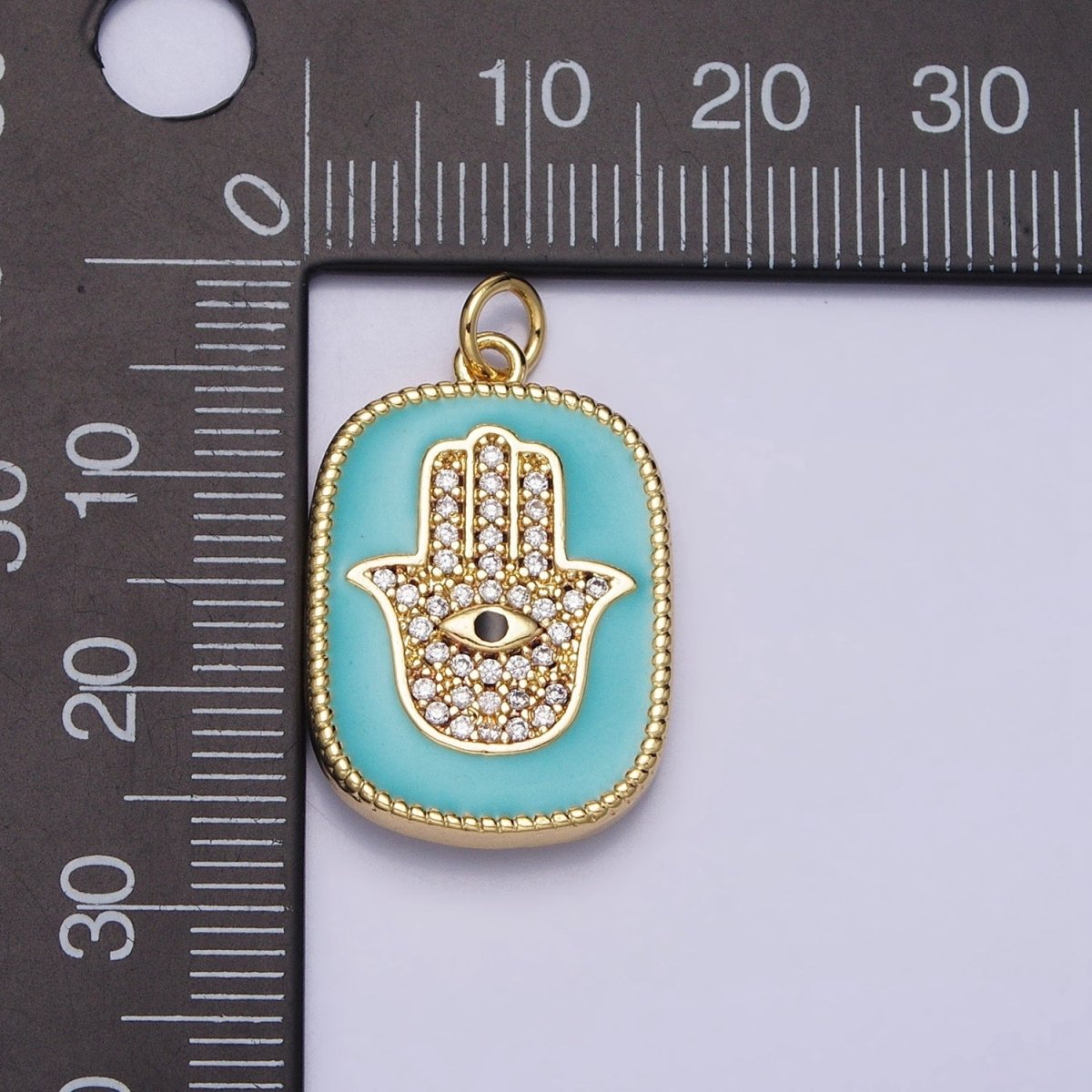 16K Gold Filled Double Sided Micro Paved CZ Hamsa Hand Evil Eye Turquoise Enamel Tag Charm | AC953 - DLUXCA