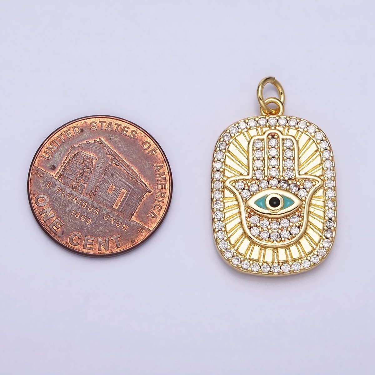 16K Gold Filled Double Sided Micro Paved CZ Hamsa Hand Evil Eye Turquoise Enamel Tag Charm | AC953 - DLUXCA