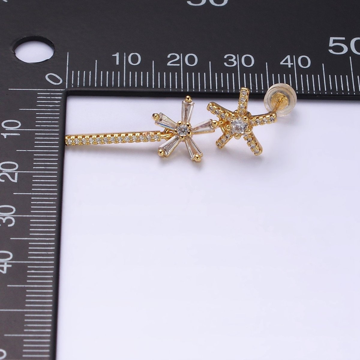 16K Gold Filled Double Star Flower Baguette Micro Paved CZ Bar Drop Stud Earrings in Gold & Silver | AD1136 AD1137 - DLUXCA