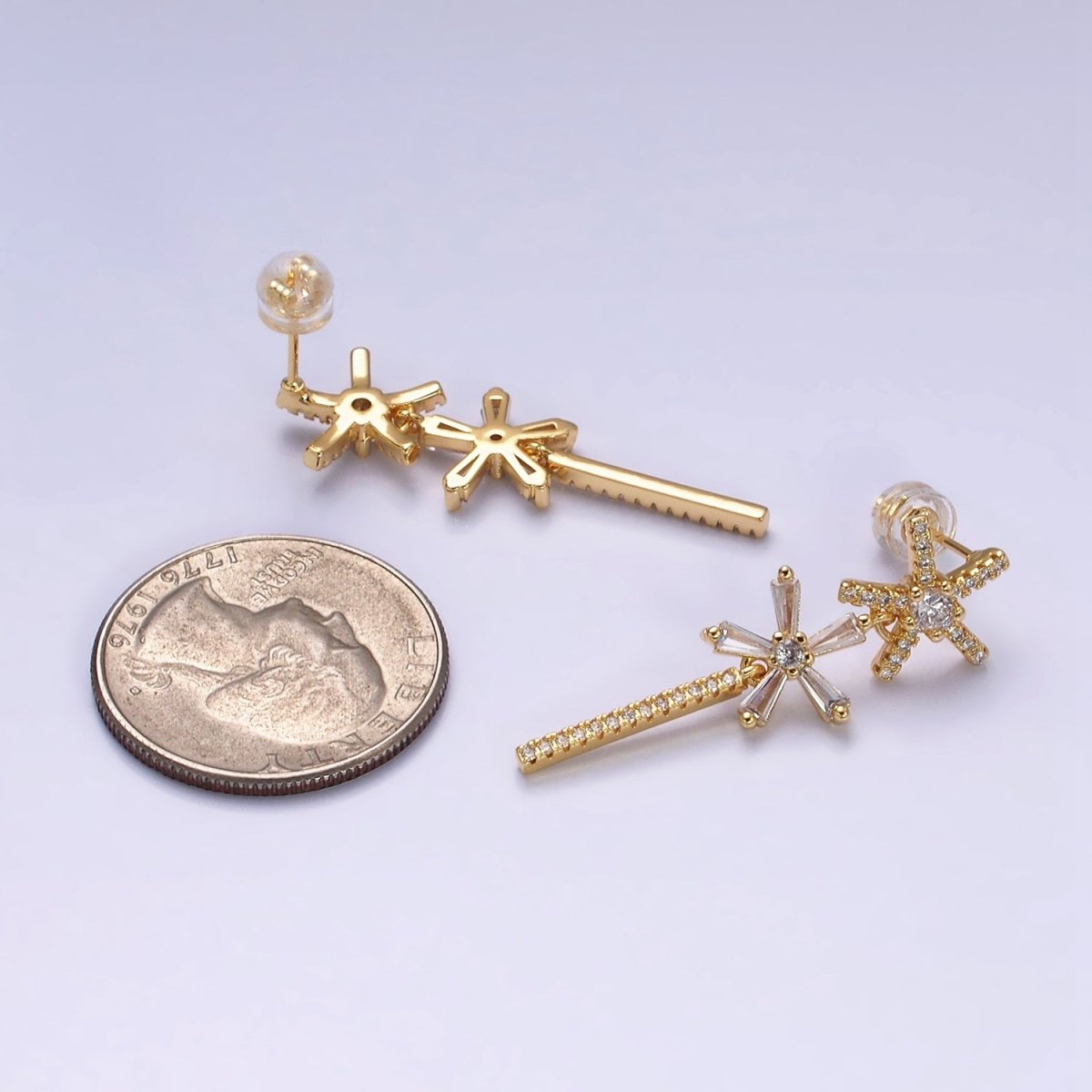 16K Gold Filled Double Star Flower Baguette Micro Paved CZ Bar Drop Stud Earrings in Gold & Silver | AD1136 AD1137 - DLUXCA