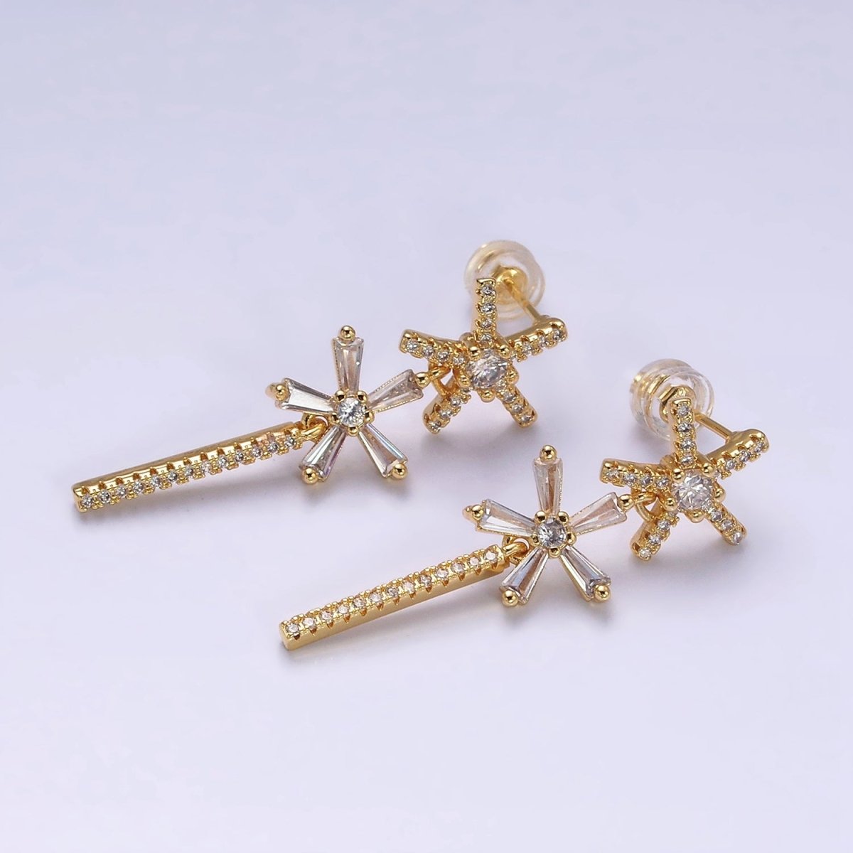 16K Gold Filled Double Star Flower Baguette Micro Paved CZ Bar Drop Stud Earrings in Gold & Silver | AD1136 AD1137 - DLUXCA