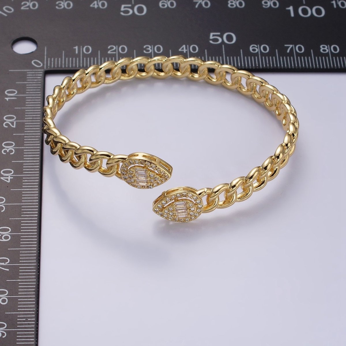 16K Gold Filled Double Teardrop Baguette Micro Paved CZ Curb Link Open Cuff Bangle Bracelet | WA-1889 Clearance Pricing - DLUXCA