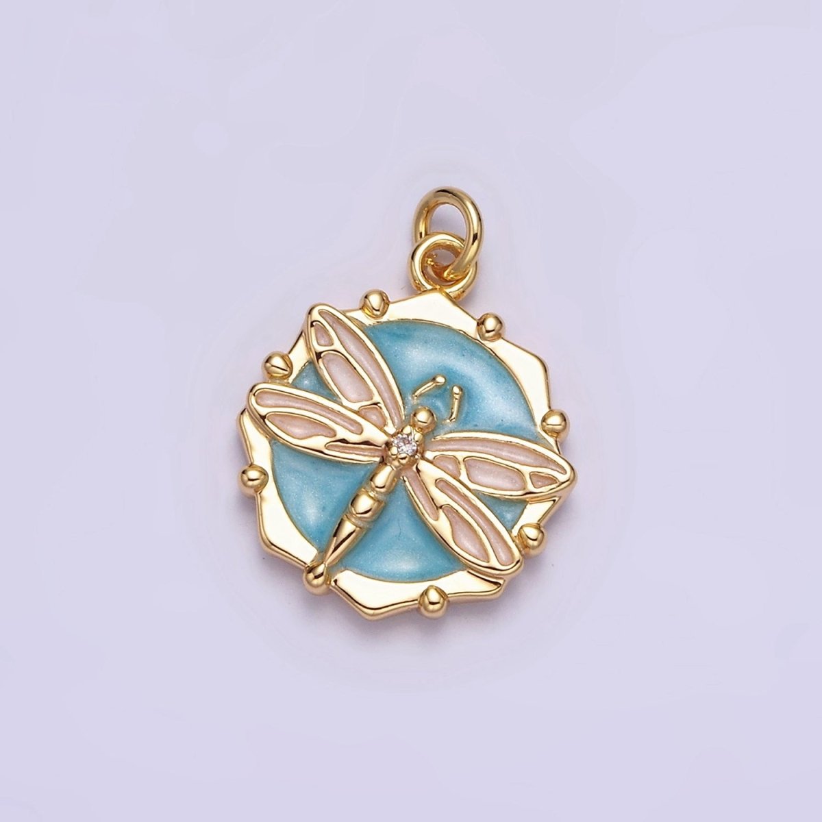 16K Gold Filled Dragonfly Insect White, Pink, Blue Sparkly Enamel Hexagonal Charm | AC1555 - AC1560 - DLUXCA