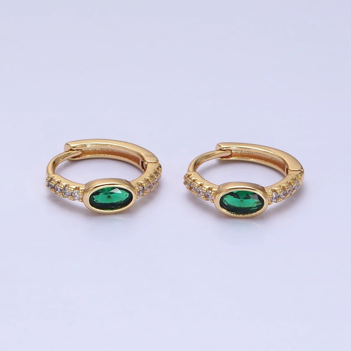 16K Gold Filled Emerald Green Oval Micro Paved CZ 13mm Huggie Earring in Gold & Silver | AD865 AD866 - DLUXCA