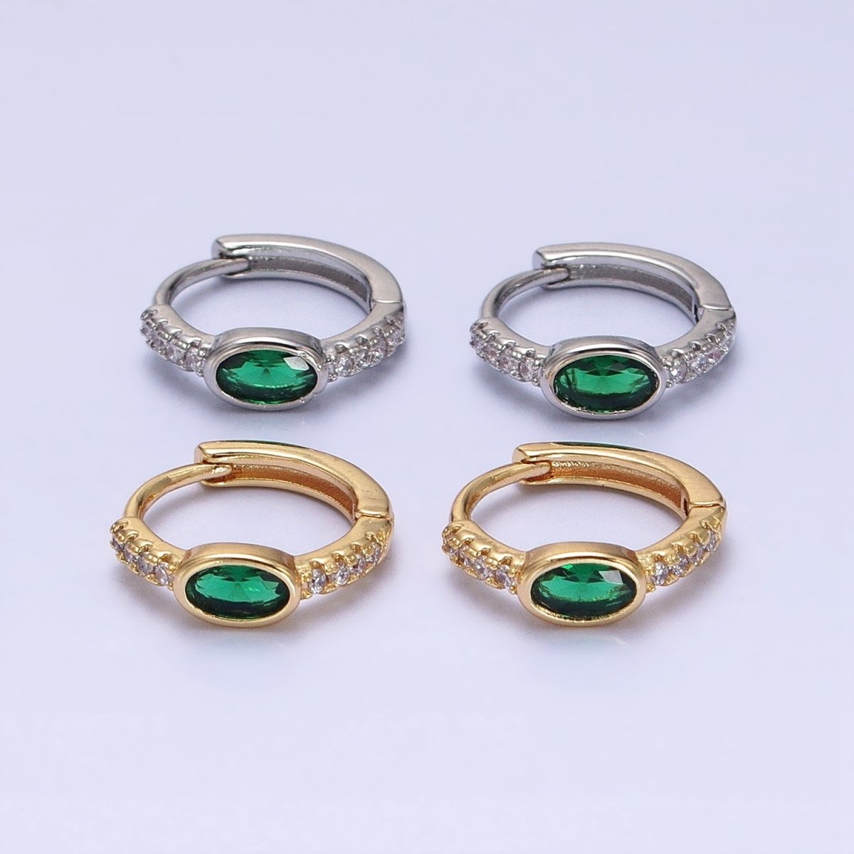 16K Gold Filled Emerald Green Oval Micro Paved CZ 13mm Huggie Earring in Gold & Silver | AD865 AD866 - DLUXCA