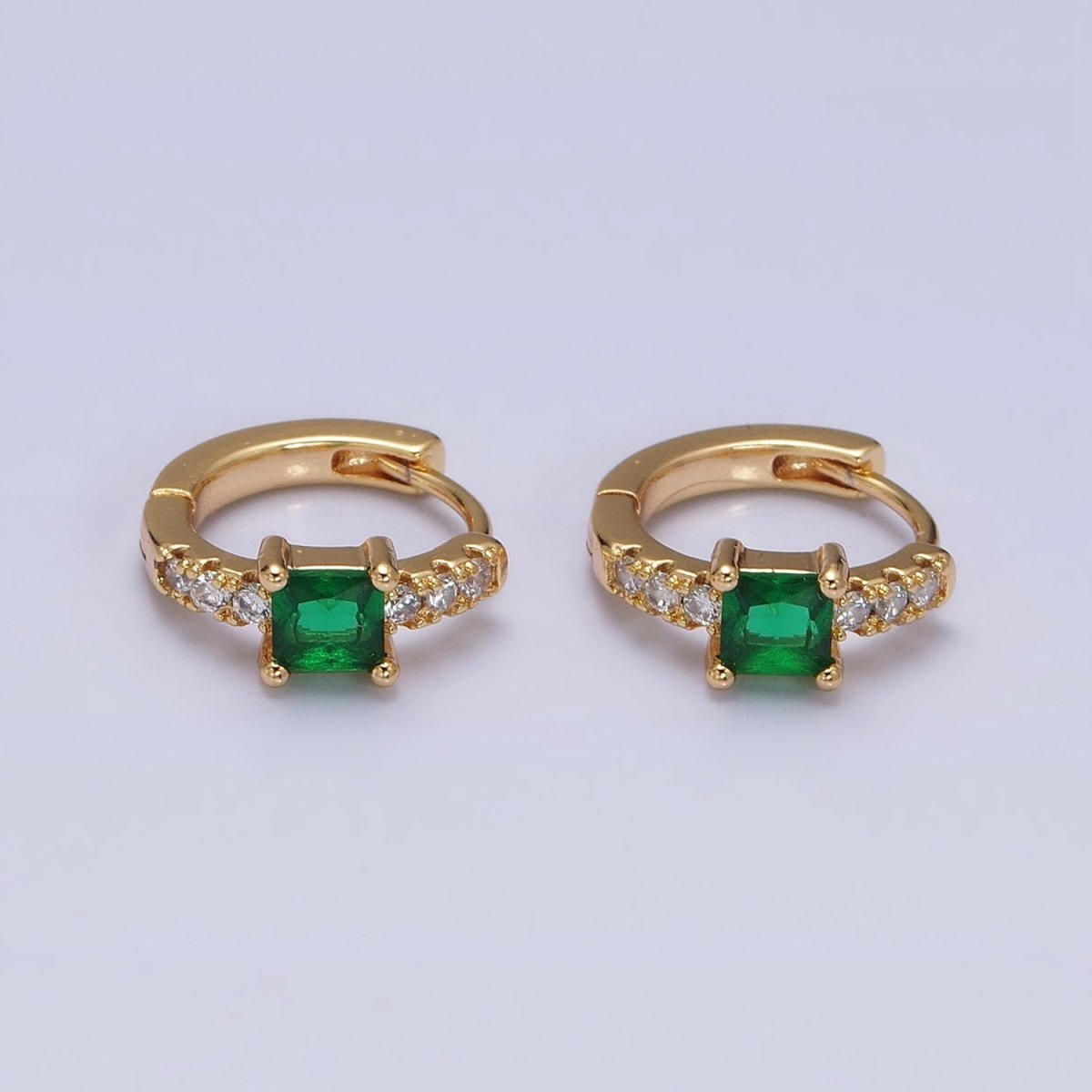 16K Gold Filled Emerald Green Square CZ Micro Paved Cartilage Huggie Earrings in Gold & Silver | AB815 AB657 - DLUXCA