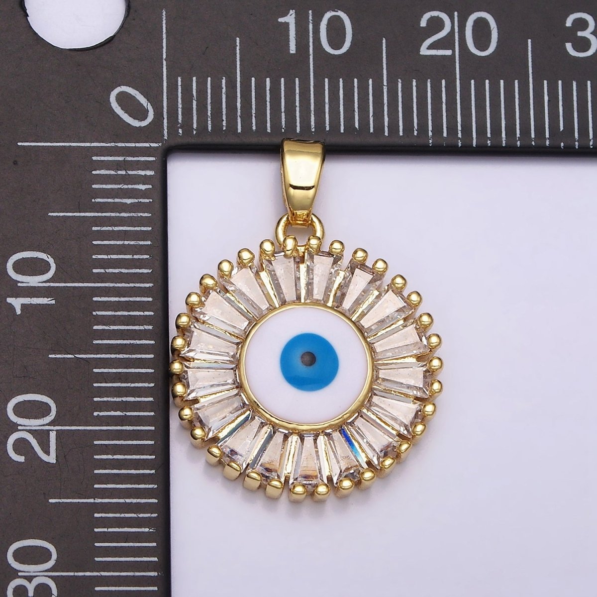 16K Gold Filled Evil Eye Enamel Clear Baguette CZ Round Pendant in Gold & Silver | AA480 AA481 - DLUXCA