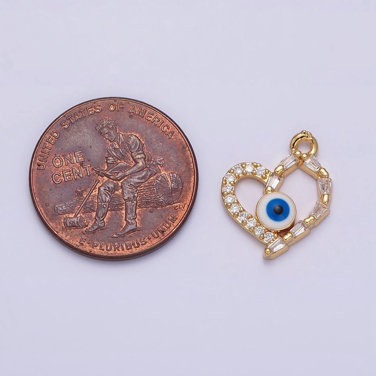 16K Gold Filled Evil Eye Enamel Micro Paved Baguette CZ Open Heart Charm | AC1137 - DLUXCA