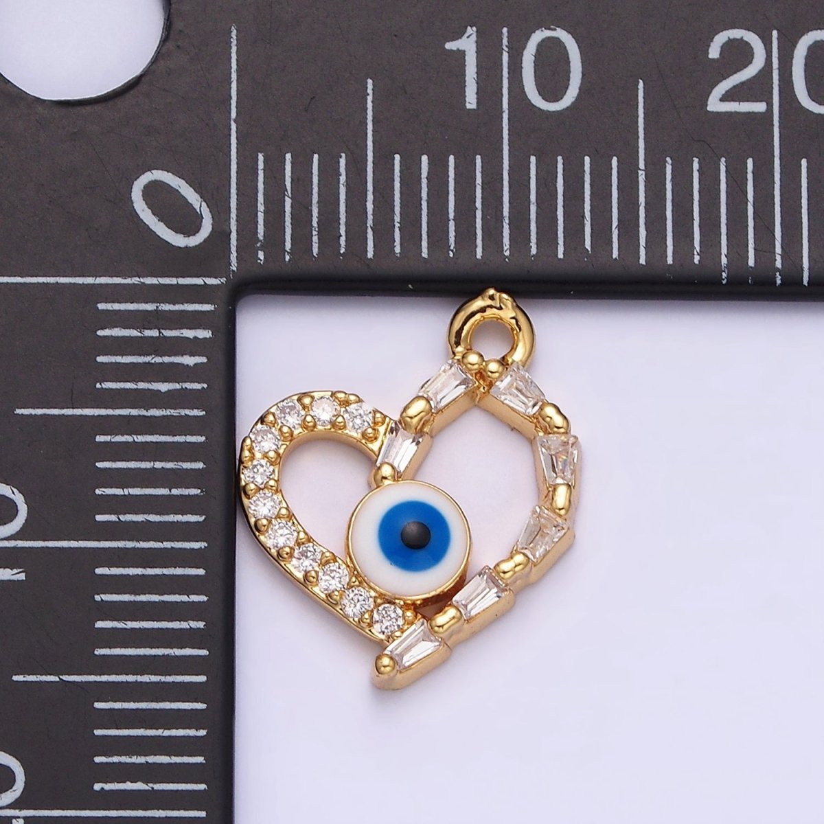 16K Gold Filled Evil Eye Enamel Micro Paved Baguette CZ Open Heart Charm | AC1137 - DLUXCA