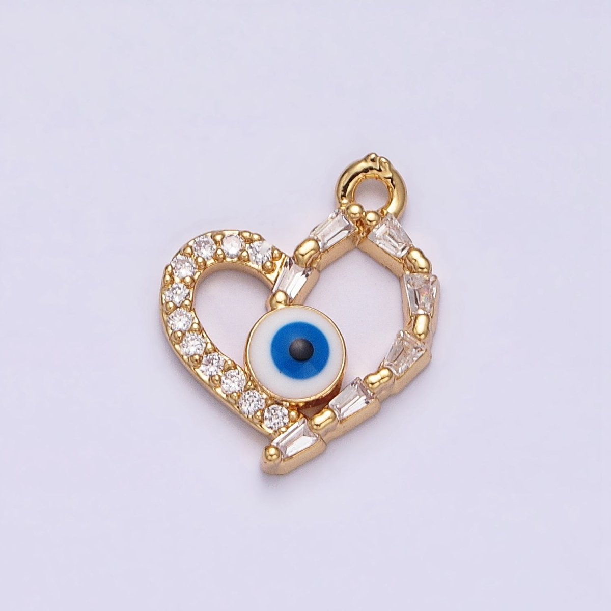 16K Gold Filled Evil Eye Enamel Micro Paved Baguette CZ Open Heart Charm | AC1137 - DLUXCA