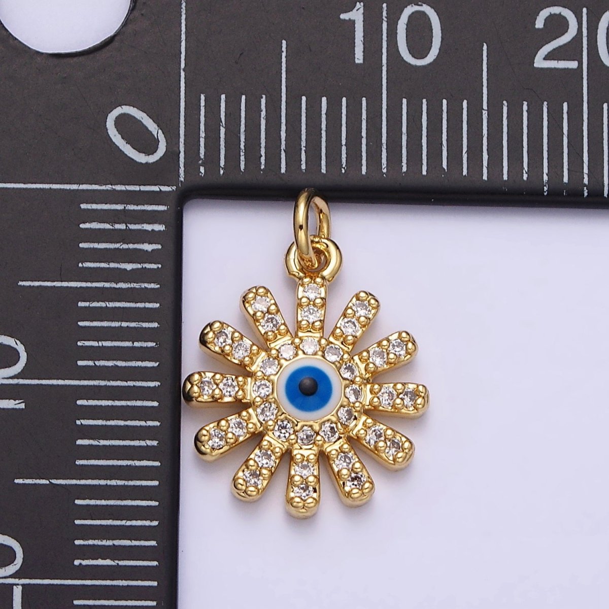 16K Gold Filled Evil Eye Micro Paved CZ Celestial Sun Flower Charm | AC1136 - DLUXCA