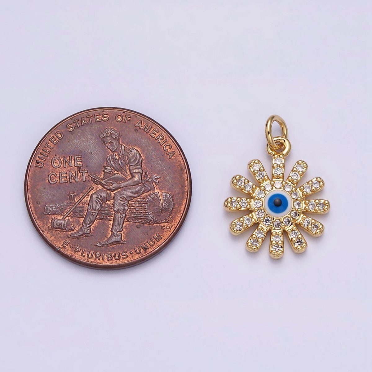 16K Gold Filled Evil Eye Micro Paved CZ Celestial Sun Flower Charm | AC1136 - DLUXCA