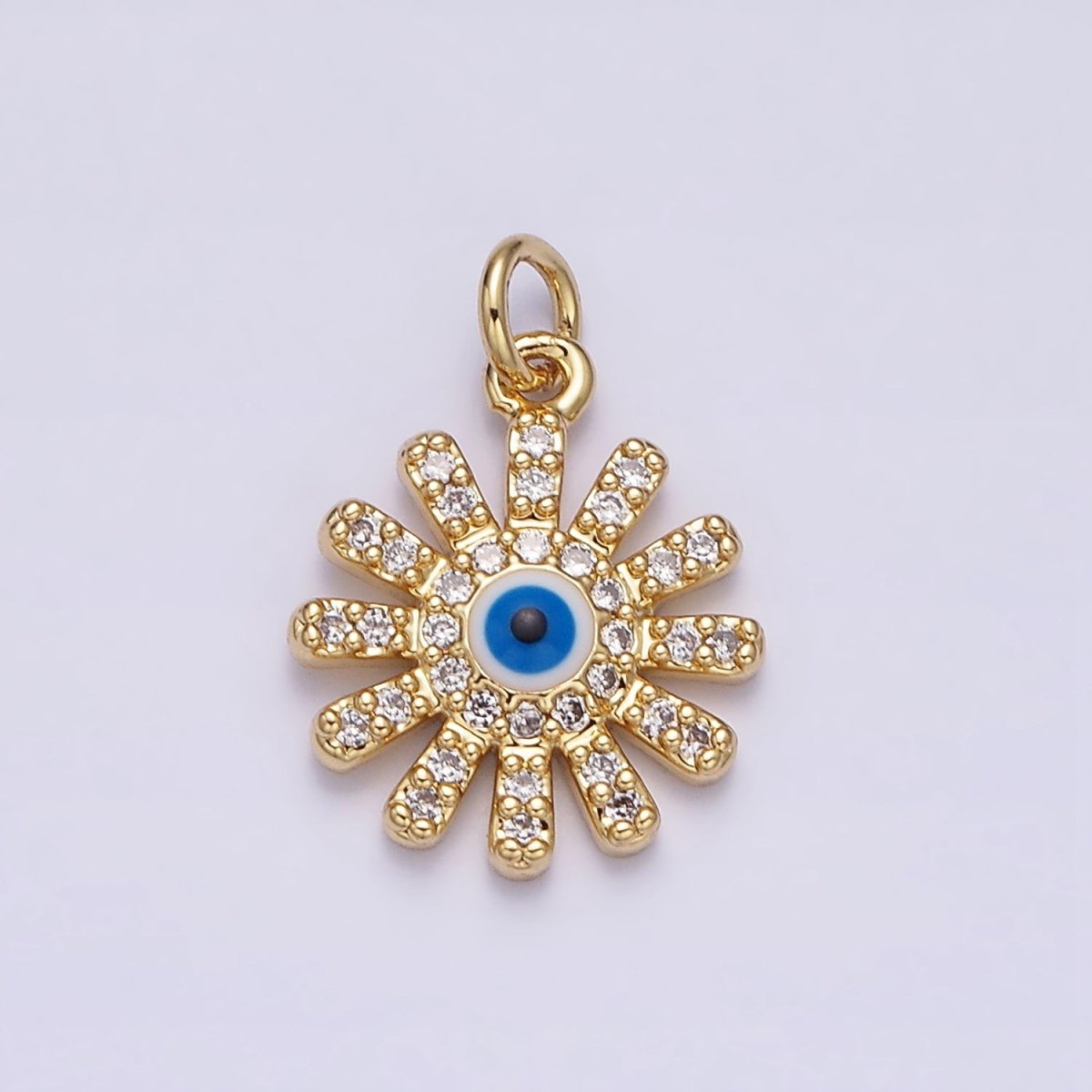 16K Gold Filled Evil Eye Micro Paved CZ Celestial Sun Flower Charm | AC1136 - DLUXCA