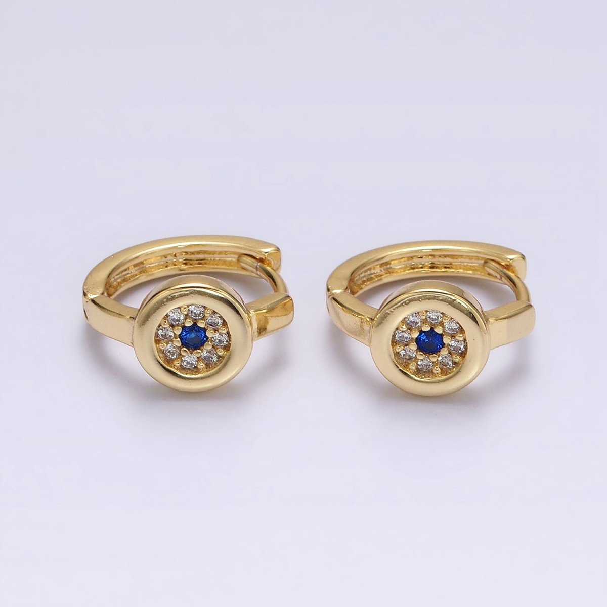 16K Gold Filled Evil Eye Micro Paved CZ Round 13mm Huggie Earrings | AE605 - DLUXCA