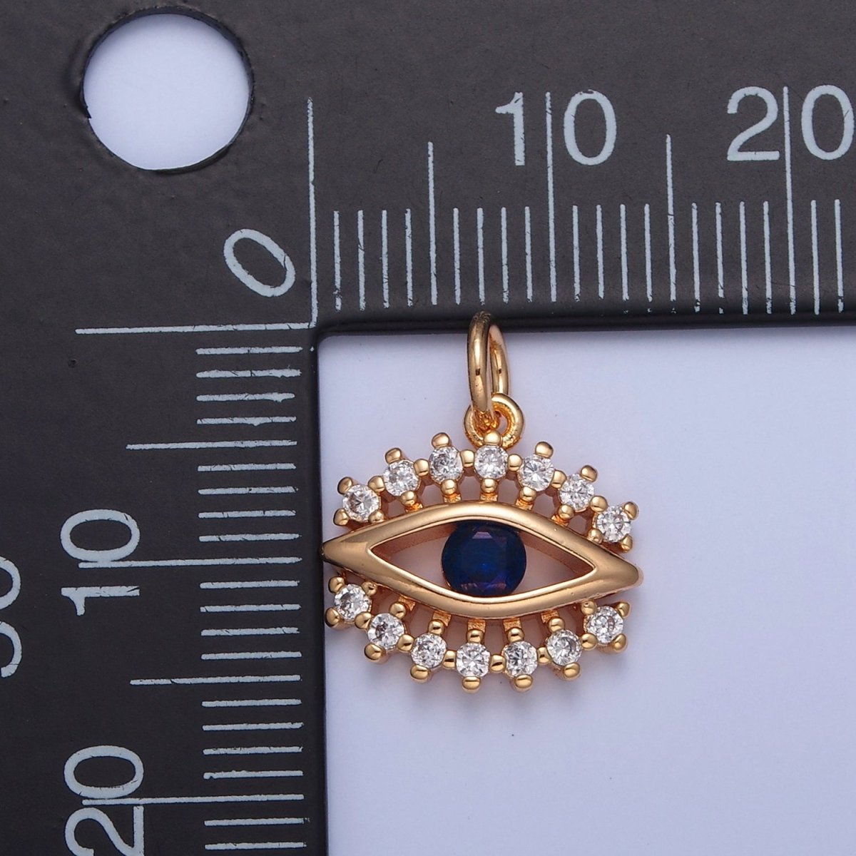 16K Gold Filled Eye of Ra Charm, Blue & Clear Cubic Zirconia CZ Protection Evil Eye Charm, X-041 - DLUXCA