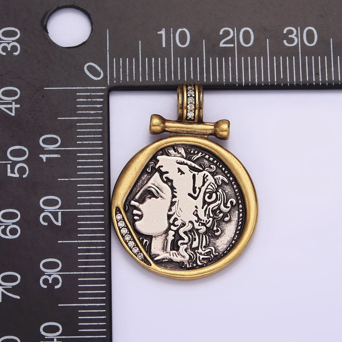 16K Gold Filled Face Portrait Double Sided Mixed Metal Stamped Rustic Pendant | AA605 - DLUXCA