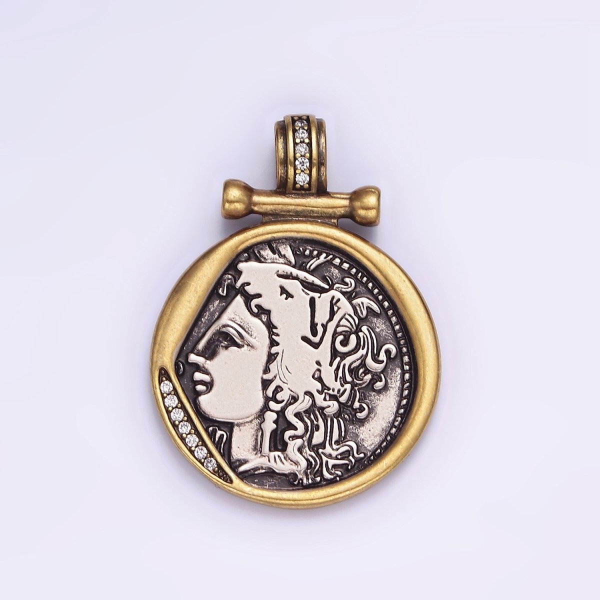 16K Gold Filled Face Portrait Double Sided Mixed Metal Stamped Rustic Pendant | AA605 - DLUXCA