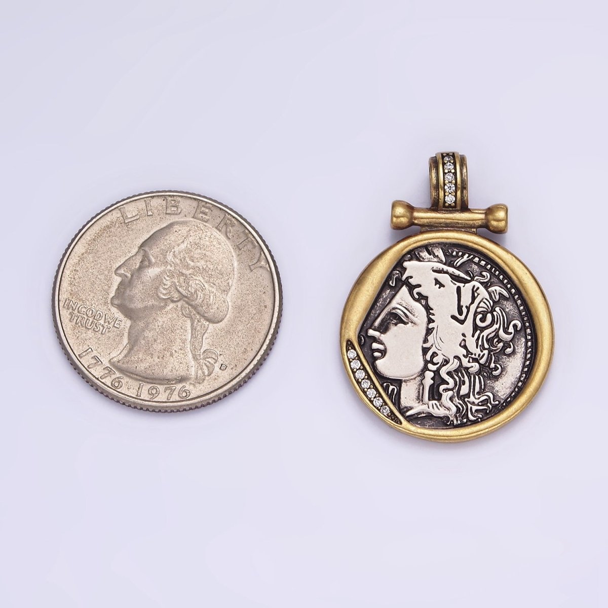 16K Gold Filled Face Portrait Double Sided Mixed Metal Stamped Rustic Pendant | AA605 - DLUXCA