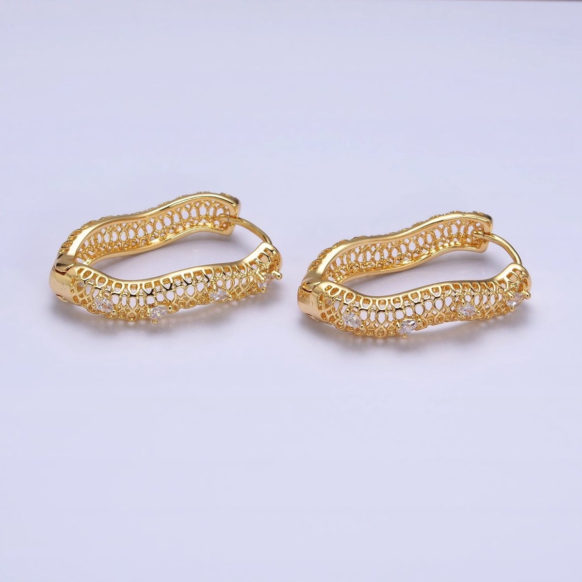 16K Gold Filled Filigree Geometric Wavy Teardrop CZ Dotted Oblong Hoop Earrings in Silver & Gold | AB1428 AD1190 - DLUXCA