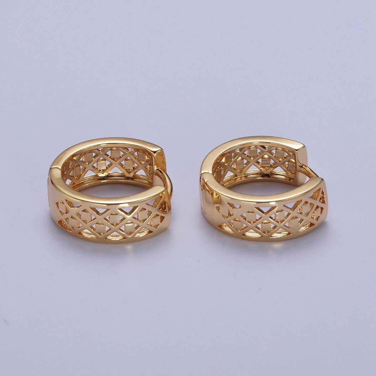 16K Gold Filled Filigree Rhombus Textured Wide Band 15mm Huggie Hoops Earrings | X-845 - DLUXCA