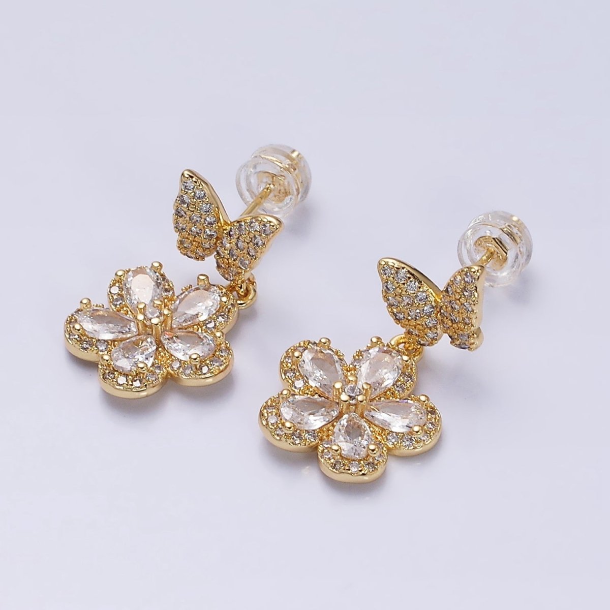 16K Gold Filled Flower Butterfly Micro Paved CZ Drop Stud Earrings in Gold & Silver | AD1066 AD1067 - DLUXCA