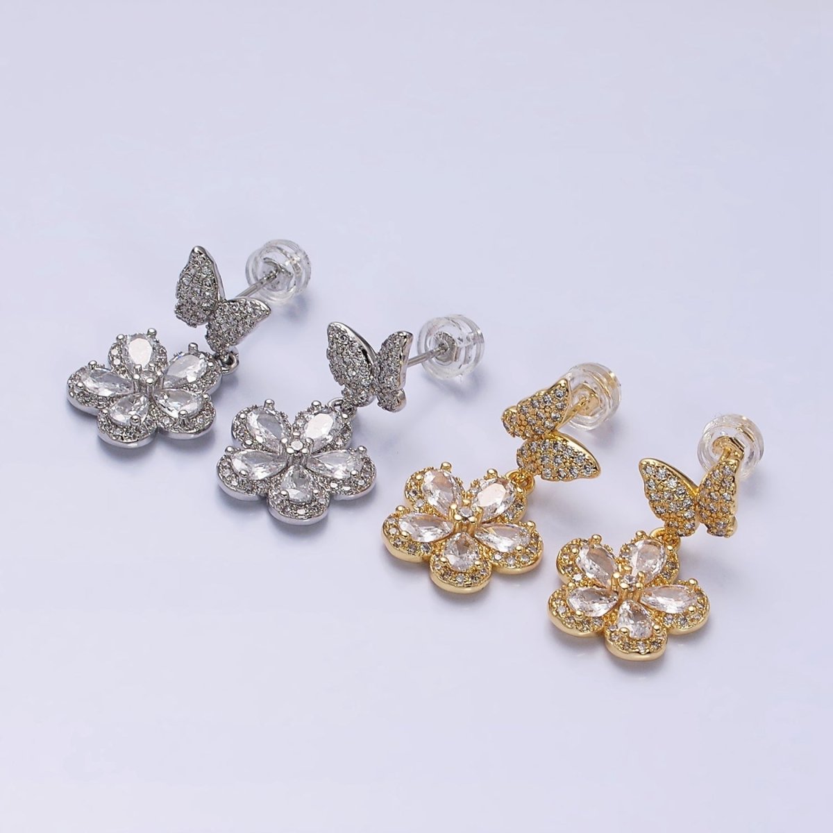 16K Gold Filled Flower Butterfly Micro Paved CZ Drop Stud Earrings in Gold & Silver | AD1066 AD1067 - DLUXCA