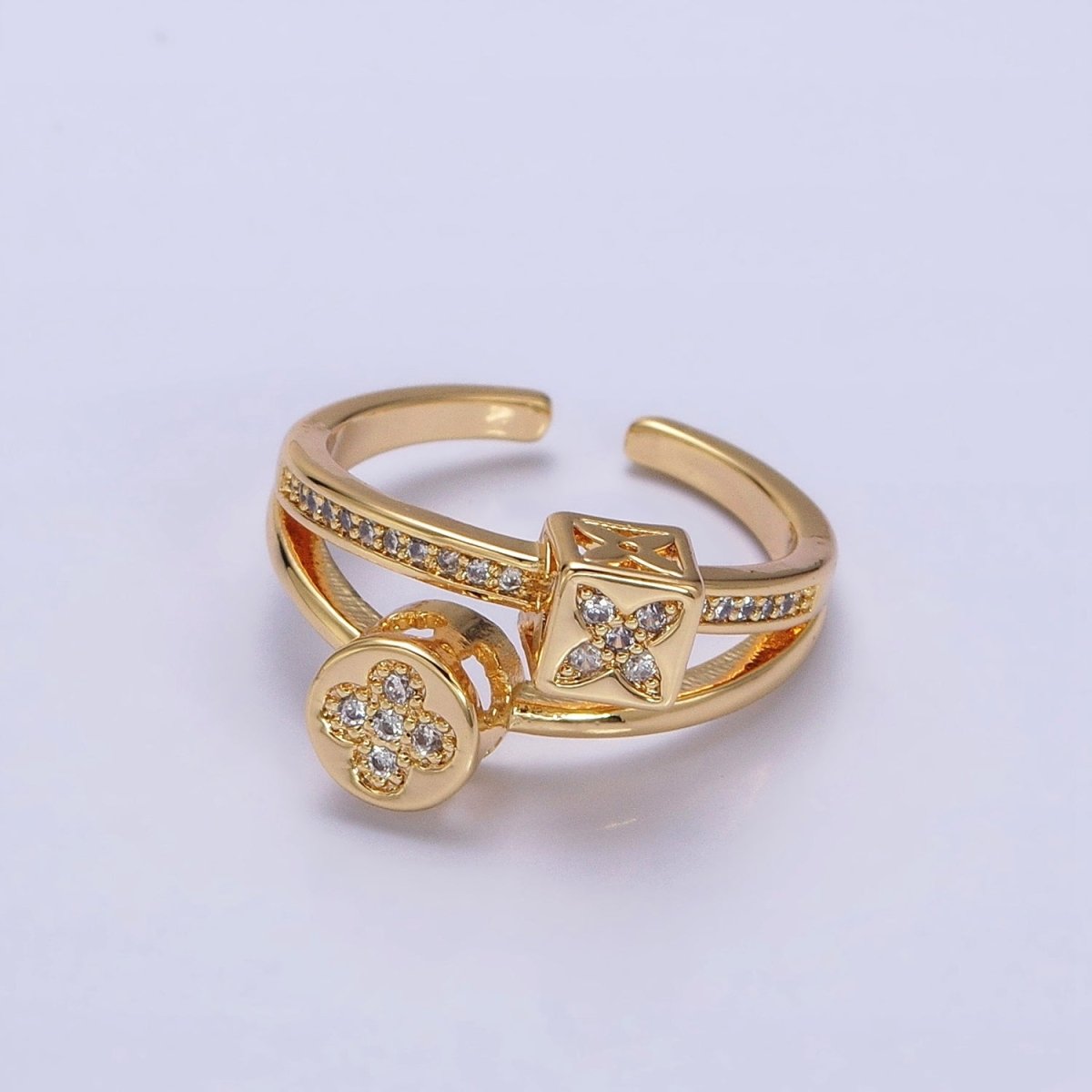 16K Gold Filled Flower Clover Quatrefoil Bead Double Band Micro Paved CZ Ring in Gold & Silver | O-1615 O-1616 - DLUXCA