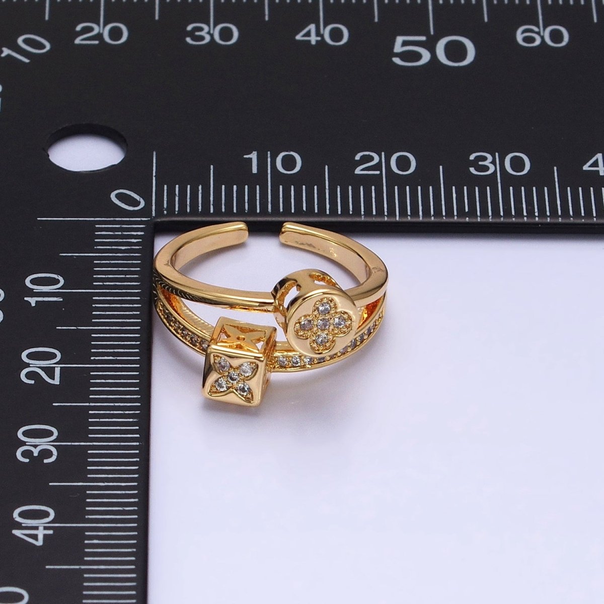16K Gold Filled Flower Clover Quatrefoil Bead Double Band Micro Paved CZ Ring in Gold & Silver | O-1615 O-1616 - DLUXCA