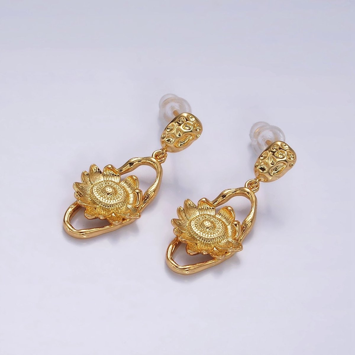 16K Gold Filled Flower Hammered Open Oblong Dented Oval Drop Stud Earrings | AE920 - DLUXCA