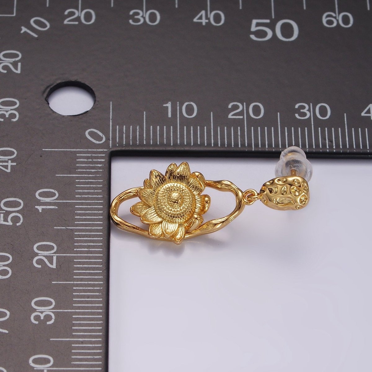 16K Gold Filled Flower Hammered Open Oblong Dented Oval Drop Stud Earrings | AE920 - DLUXCA